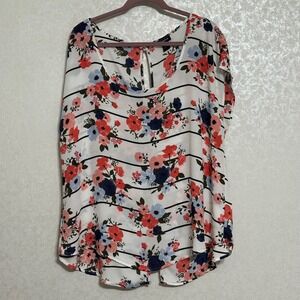 Torrid White Floral Striped Blouse‎ Open Button Back Split Hem Plus Size 1 3XL